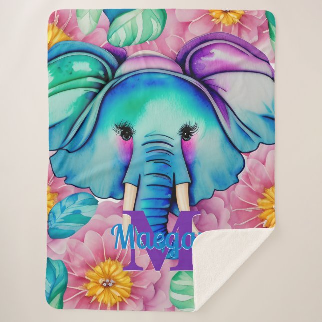 Blue Watercolor Elephant Personalized Name Sherpa Blanket (Front)