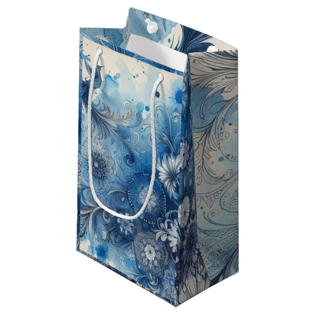 Blue Watercolor Ephemera Small Gift Bag (Front Angled)
