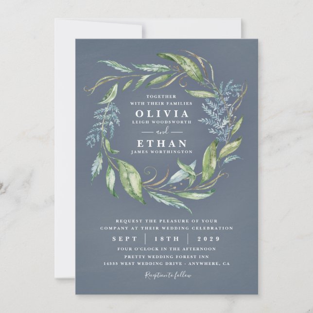 Blue Watercolor Eucalyptus Greenery Wreath Wedding Invitation (Front)