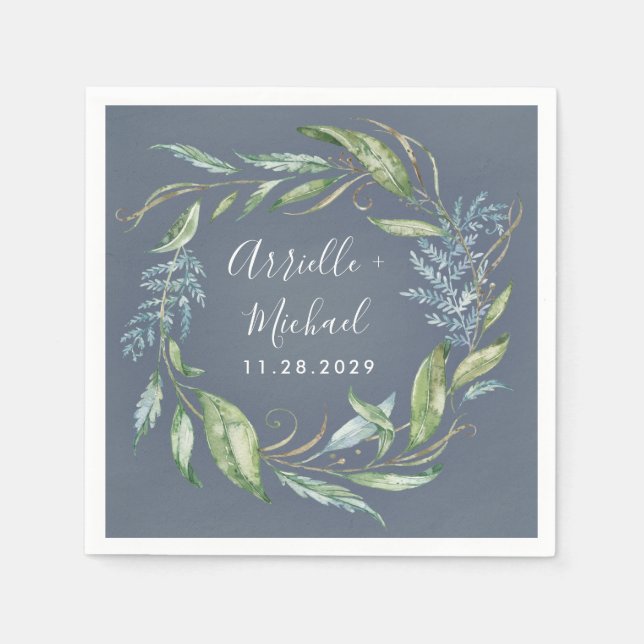 Blue Watercolor Eucalyptus Greenery Wreath Wedding Napkin (Front)