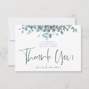Blue Watercolor Eucalyptus Stylish Script Photo Thank You Card