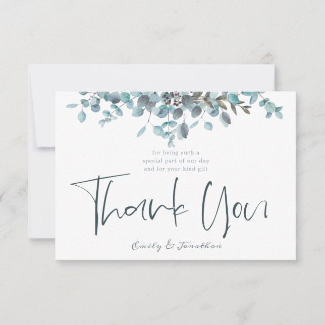 Blue Watercolor Eucalyptus Stylish Script Photo Thank You Card (Front)