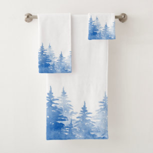  Blue Watercolor Evergreen Trees   Bath Towel Set