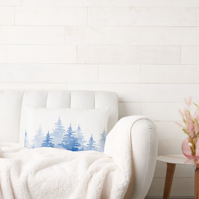  Blue Watercolor Evergreen Trees  Lumbar Pillow (Couch)
