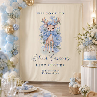 Blue Watercolor Fawn Baby Shower Backdrop Tapestry