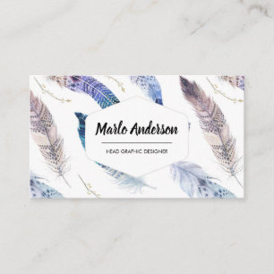 Blue Watercolor Feathers Modern Boho Business Card