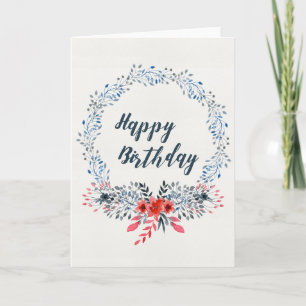 Blue Watercolor Feuilles Wreath joyeuse carte d'an