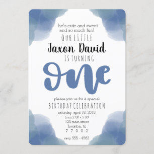 Blue Watercolor First Birthday Invitation