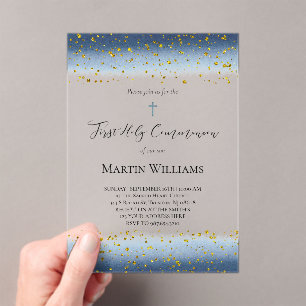  blue watercolor First Communion  Acrylic Invitations