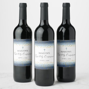 blue watercolor First Communion Wine Label