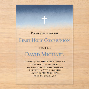 blue watercolor First Holy Communion boy Acrylic Invitations