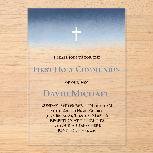blue watercolor First Holy Communion boy Acrylic Invitations (Front)