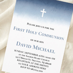 blue watercolor First Holy Communion boy Invitation