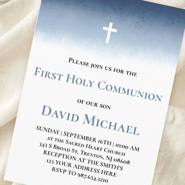 blue watercolor First Holy Communion boy Invitation (Creator Uploaded)