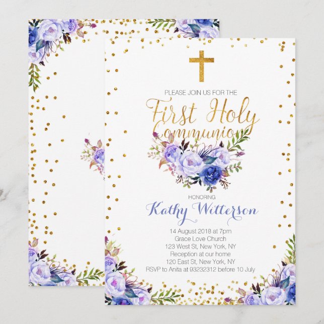 Blue Watercolor First Holy Communion Invitation (Front/Back)