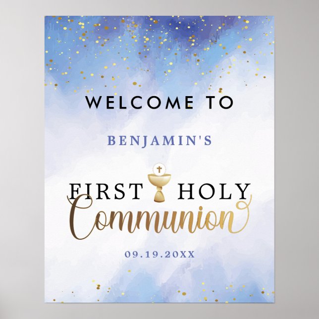 Blue Watercolor First Holy Communion Welcome Poster (Front)