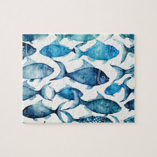 Blue Watercolor Fish Activity. Ocean Nautical Game Jigsaw Puzzle
