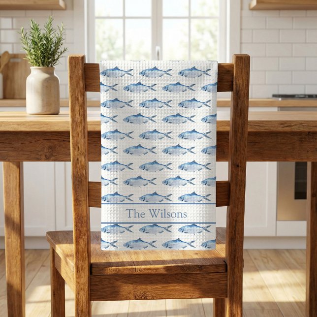 Blue Watercolor Fish Swimming  Kitchen Towel (Blue Watercolor Fish Kitchen Towel)