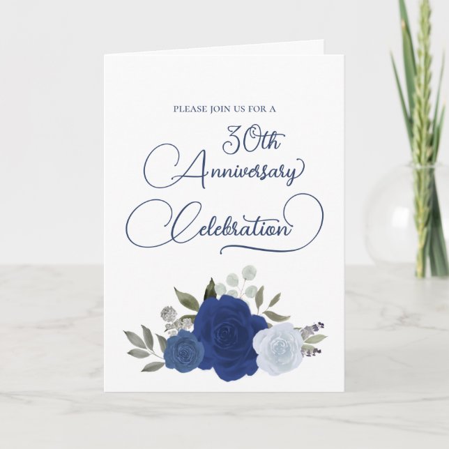 Blue Watercolor Floral 30th Wedding Anniversary Invitation (Front)