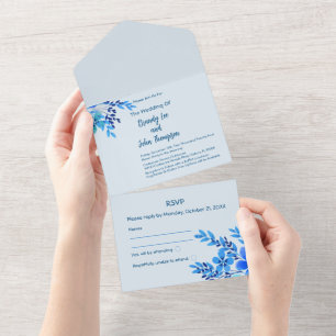 Blue Watercolor Floral All in One Wedding Invite