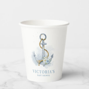 Blue Watercolor Floral Anchor Nautical Baby Shower Paper Cups