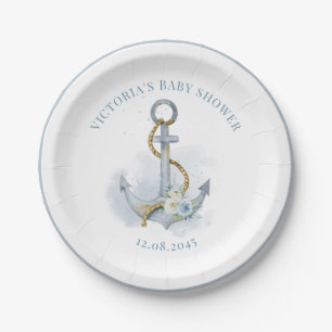 Blue Watercolor Floral Anchor Nautical Baby Shower Paper Plate