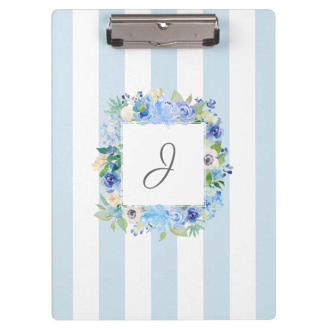 Blue Watercolor Floral and Stripes with Monogram Clipboard (Front)