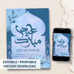 Blue Watercolor Floral Arch Eid Mubarak Card