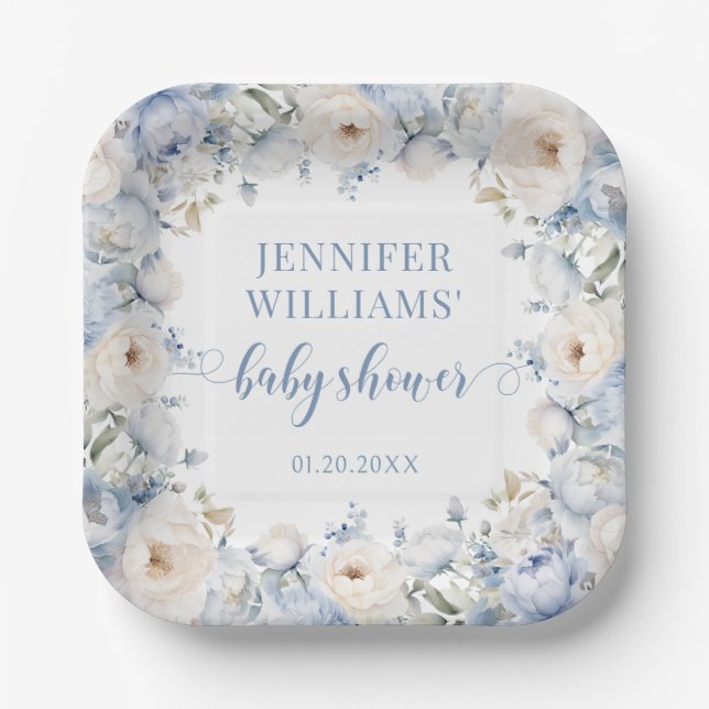Blue watercolor floral baby boy shower Paper Plate (Front)