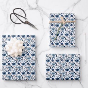 Blue Watercolor Floral Baby Bridal Shower Birthday Wrapping Paper Sheet