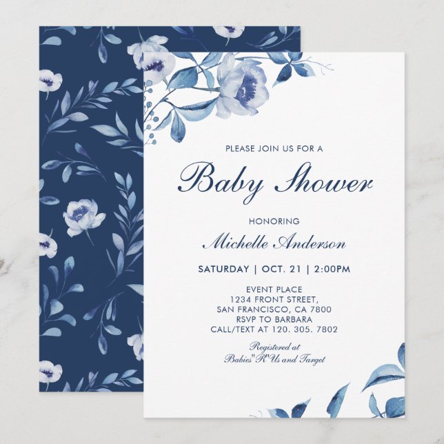 Blue Watercolor Floral Baby Shower Invitation (Front/Back)
