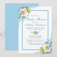 Blue Watercolor Floral Baby Shower Invitation B