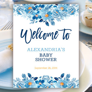 Blue Watercolor Floral Baby Shower Welcome Sign