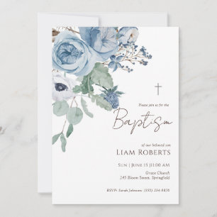 Blue Watercolor Floral Baptism Invitation