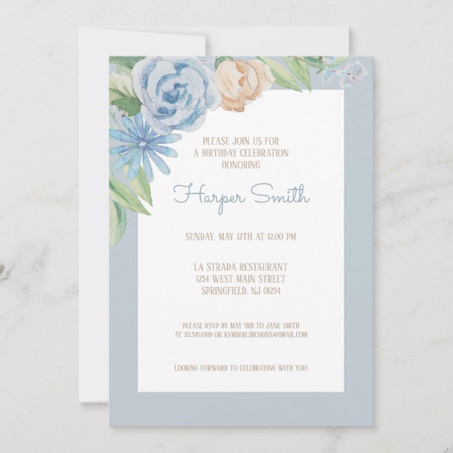 Blue Watercolor Floral Birthday Party Invitation (Front)