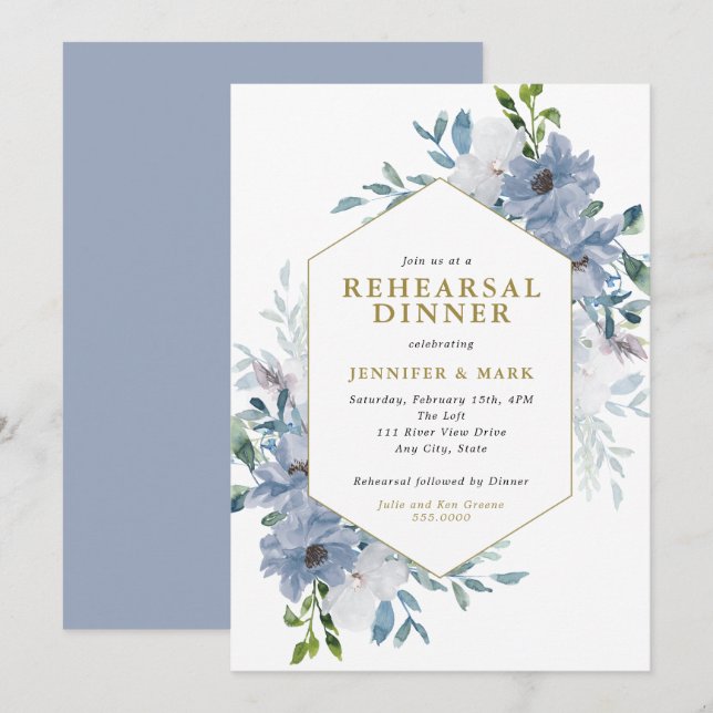 Blue Watercolor Floral Bouquet Rehearsal Dinner Invitation (Front/Back)