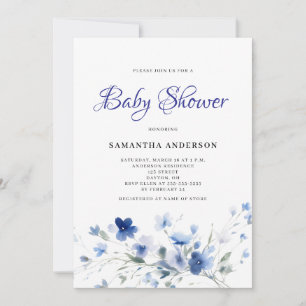 Blue Watercolor Floral Boy Baby Shower Invitation