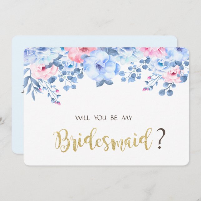 Blue Watercolor Floral Bridesmaid Card (Front/Back)