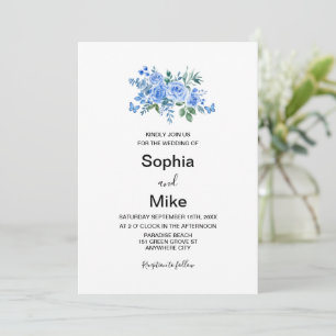 Blue Watercolor Floral Butterflies Wedding Invitation