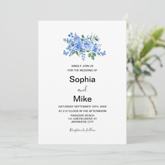 Blue Watercolor Floral Butterflies Wedding Invitation (Standing Front)