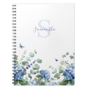 Blue Watercolor Floral Butterfly Monogram Name  Notebook