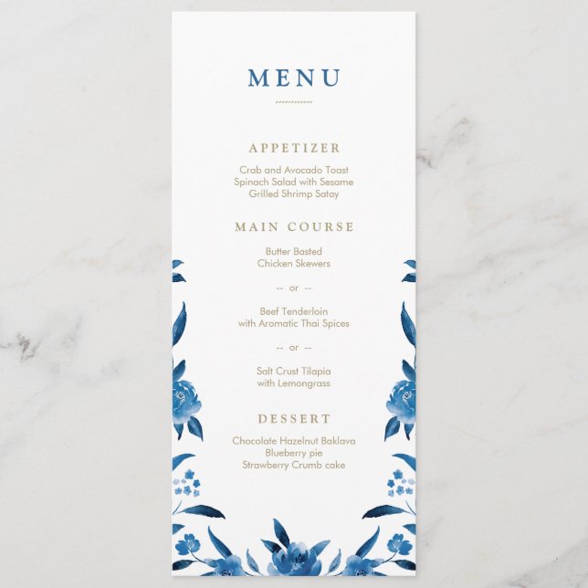 Blue Watercolor floral Chinoiserie menu Mariage (Devant)