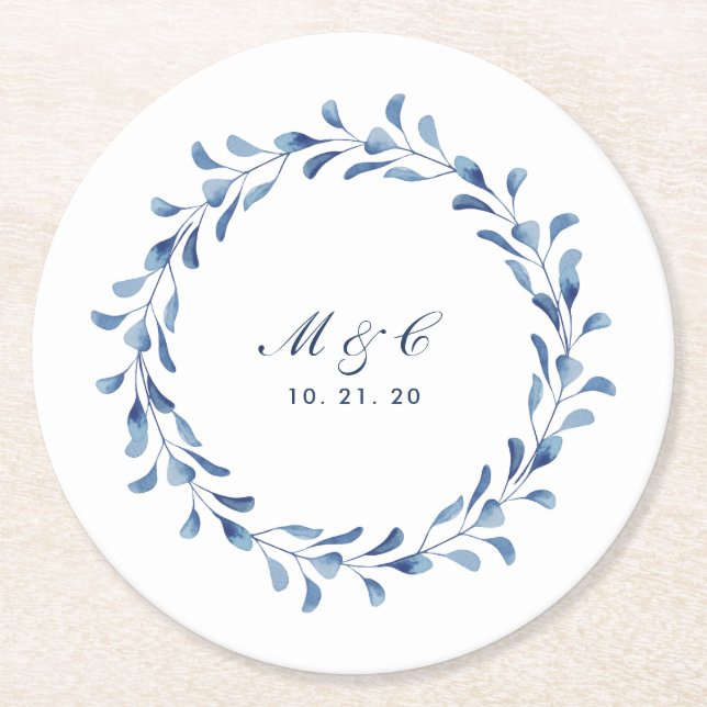 Blue Watercolor Floral Custom Name Coaster (Front)