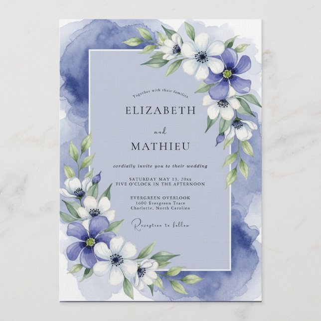 Blue Watercolor Floral Delight Wedding Invitation (Front)