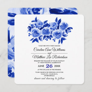 Blue Watercolor Floral Design Wedding Invitation