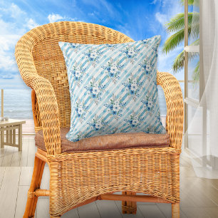 Blue Watercolor Floral & Diagonal Stripes Coastal  Throw Pillow
