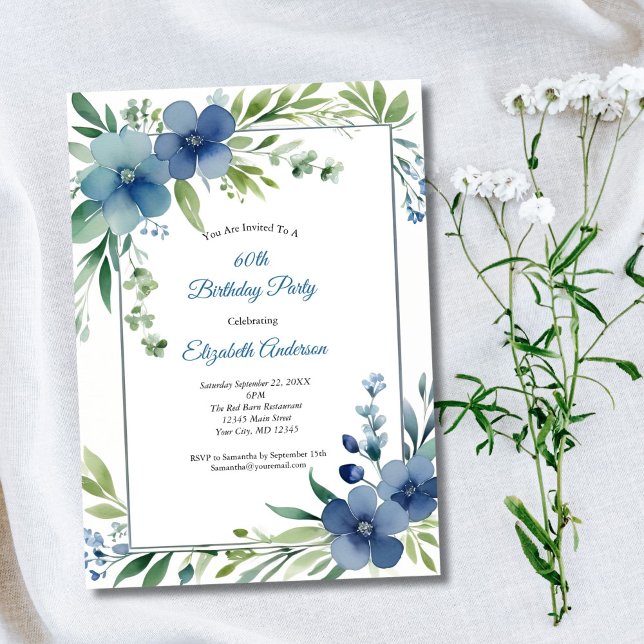 Blue Watercolor Floral Elegant 60th Birthday  Invitation (Blue and Green Watercolor Floral 60th Birthday invitation)