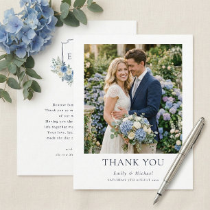 Blue Watercolor Floral Elegant Wedding Thank You Card