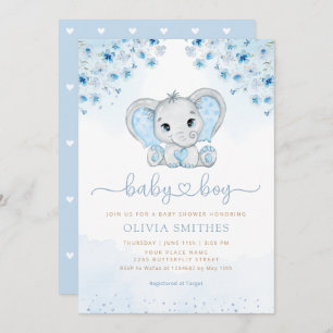 Blue Watercolor Floral Elephant Boy Baby Shower Invitation
