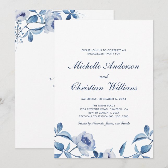 Blue Watercolor Floral Engagement Party Invitation (Front/Back)